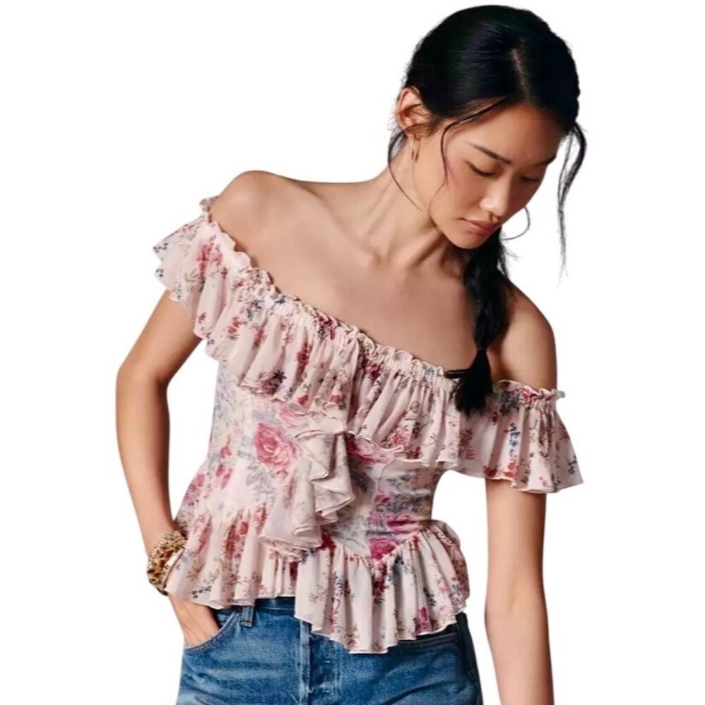 Anthropologie Pink Floral Off Shoulder Ruffle Peplum Blouse Sold Out, Var Sizes